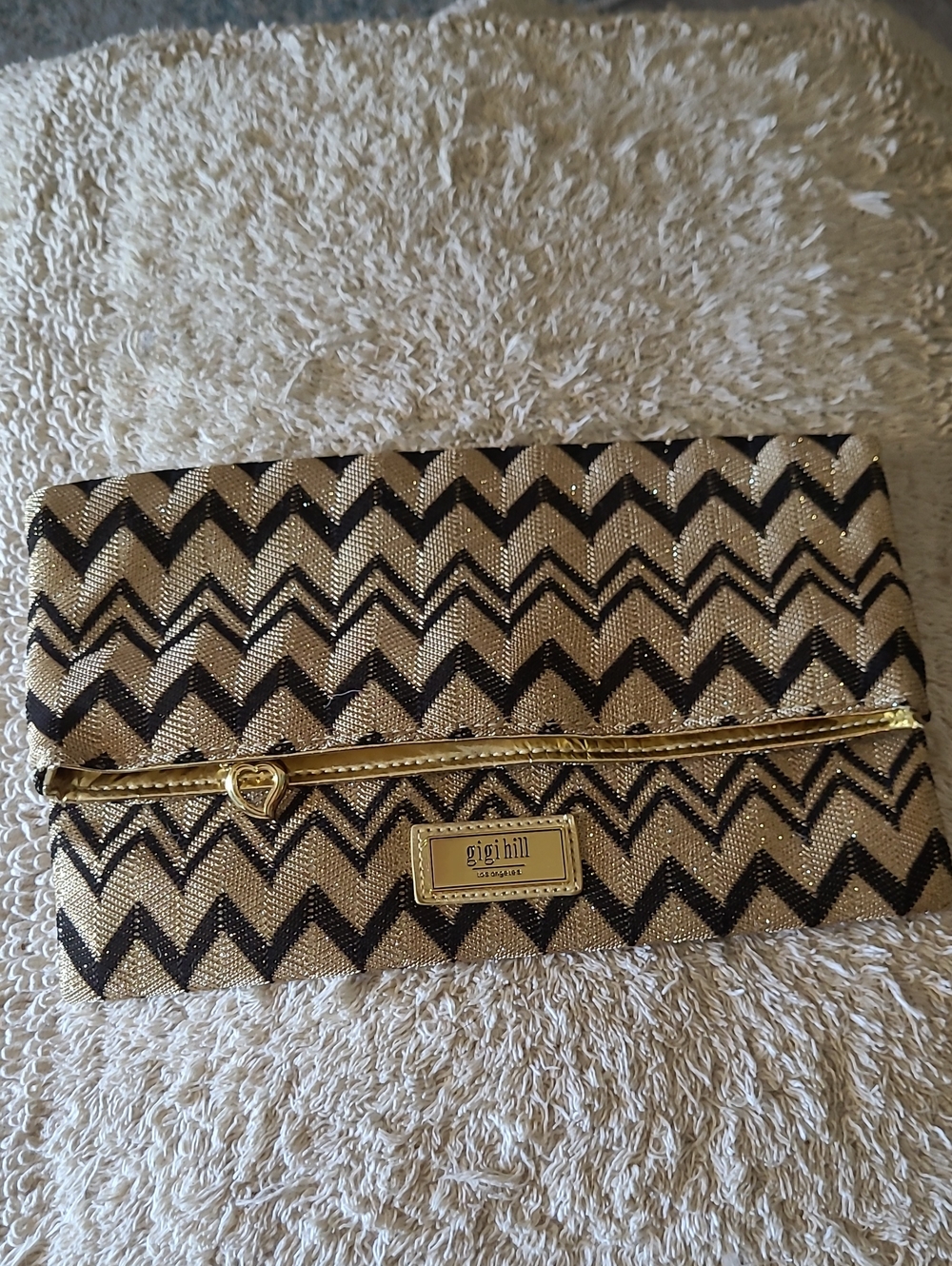 GIGI HILL Black and Gold Chevron Foldover Clutch